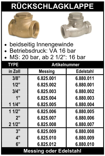 Rückschlagklappe aus Messing oder Edelstahl