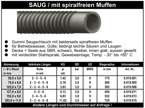 Saug / mit spiralfreien Muffen - Schlauch