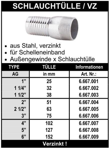 Schlauchtülle mit Aussengewinde für Schelleneinband aus Stahl, verzinkt