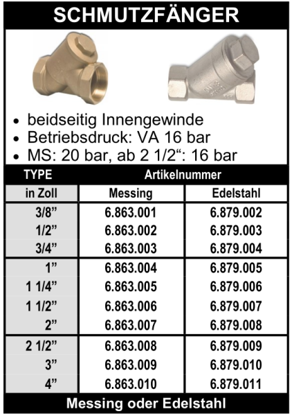 Schmutzfänger aus Messing oder Edelstahl