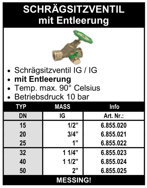 Messing Schrägsitzventil (mit Entleerung)