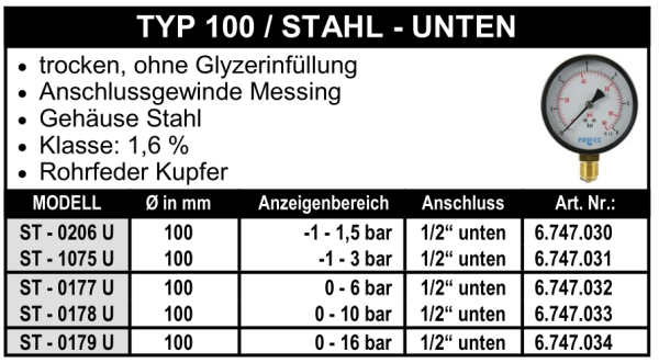 Manometer Ø 100 mm - 1/2" - Stahl - Unten
