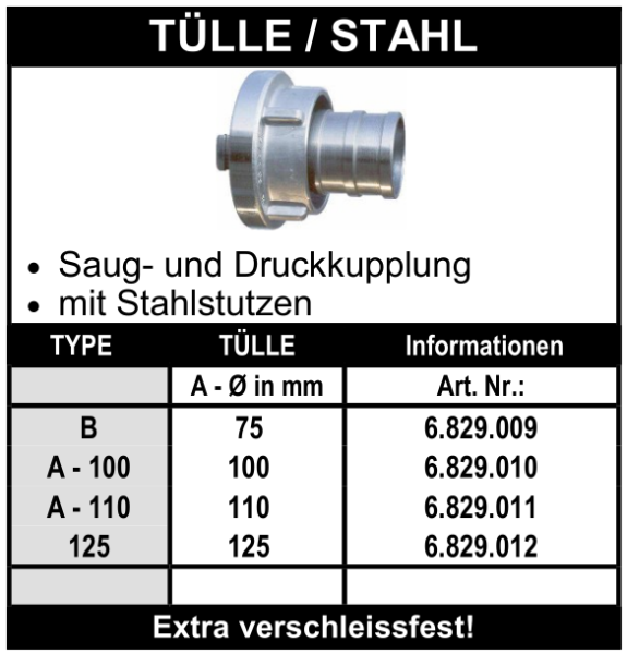 Storz Kupplung mit Schlauchtülle - mit Stahlstutzen