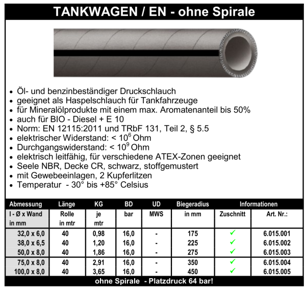 Tankwagen / EN - ohne Spirale - Schlauch
