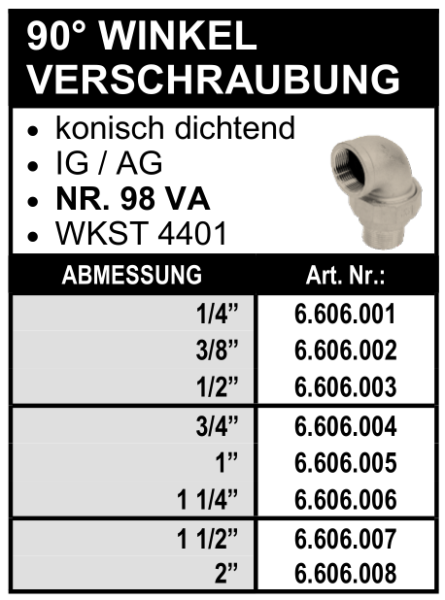 90° Winkel Verschraubung - konisch dichtend (Innengewinde x Aussengewinde) aus Edelstahl
