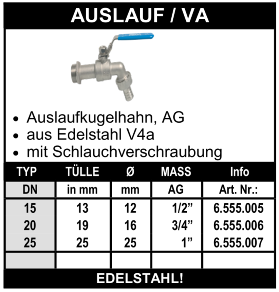 Edelstahl Auslaufkugelhahn (mit Aussengewinde)