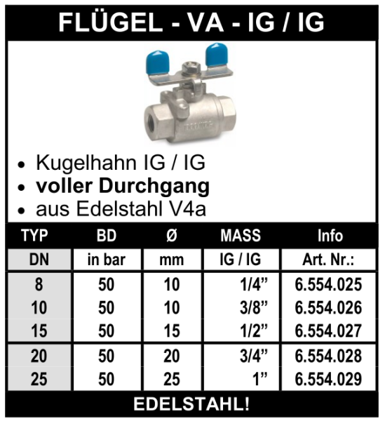 Edelstahl Flügelkugelhahn (beidseitig Innengewinde)