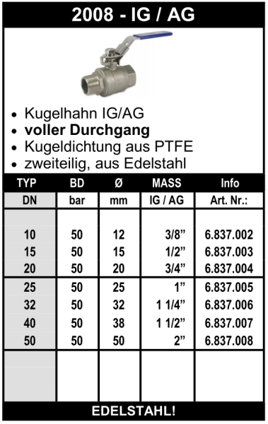 Edelstahl Kugelhahn (Innengewinde x Aussengewinde) Typ 2008