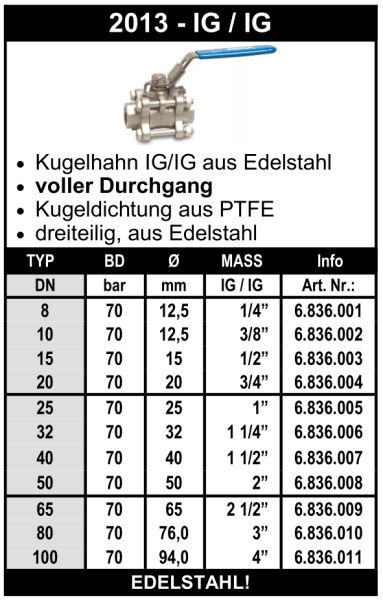 Edelstahl Kugelhahn (beidseitig Innengewinde) Typ 2013