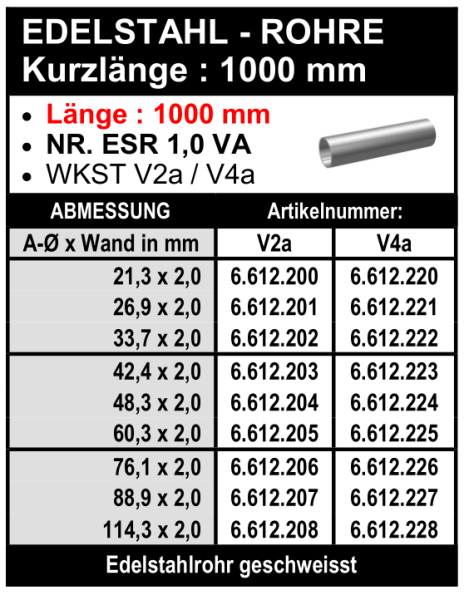 Edelstahl Rohre - Länge 1000 mm