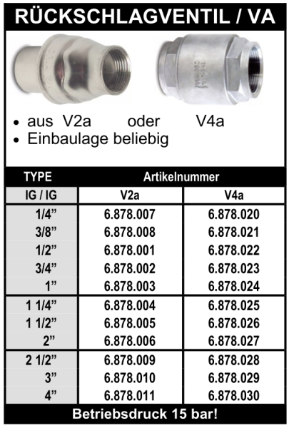 Rückschlagventil aus Edelstahl in V2a oder V4a